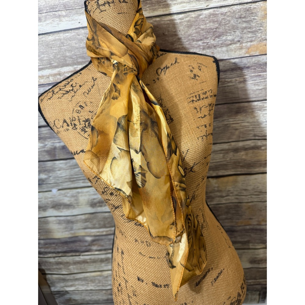 Gold Bronze Floral Rose Sheer Satin Stripe Oblong Scarf Silk Feel